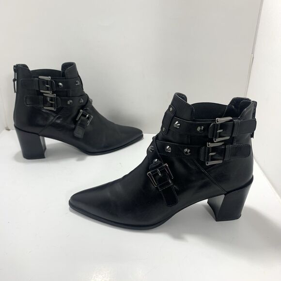 Stuart Weitzman Black Leather Studded Strap Bootcamp Ankle Boots Size 9 - Picture 2 of 16